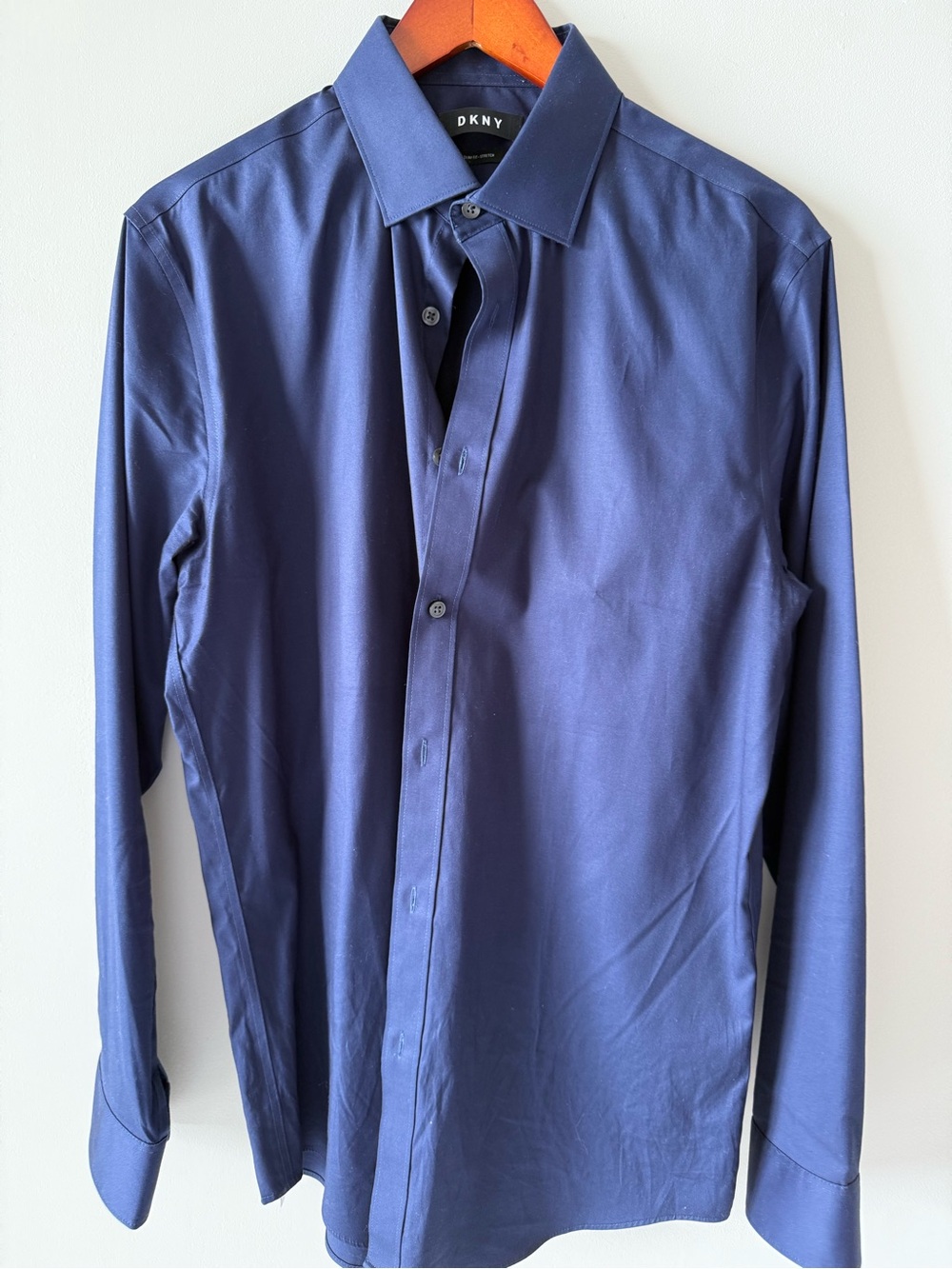 DKNY Men's Dark Blue Slim Fit Stretch Long-Sleeve Dress Shirt 15.5 32/33